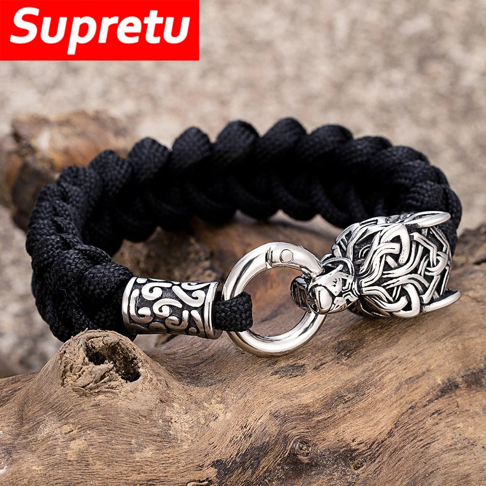 Punk Viking Wolf Head Metal Bangle Stainless Steel Norse Celtic Wolf Braided Paracord Rope Survival Bracelet Men Outdoor Jewelry