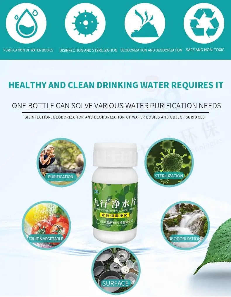 2 Bottles of Outdoor Water Purification Tablets, 100 Tablets Per Bottle, for Cleaning and Purifying Dirty Water From Sewage