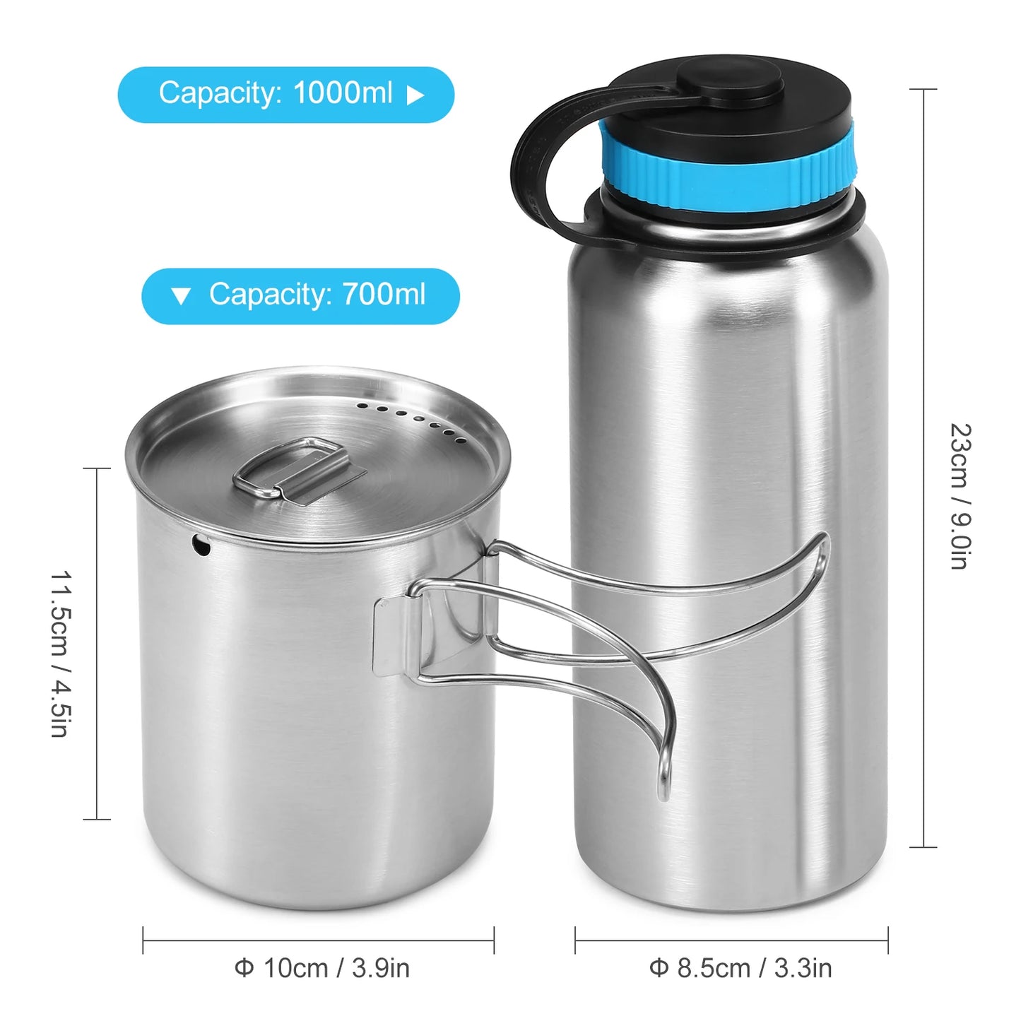 1000ml Stainless Steel Vacuum Insulated Water Bottle with 700ml Water Cup Hanging Pot for Survival Camping Hiking Backpacking