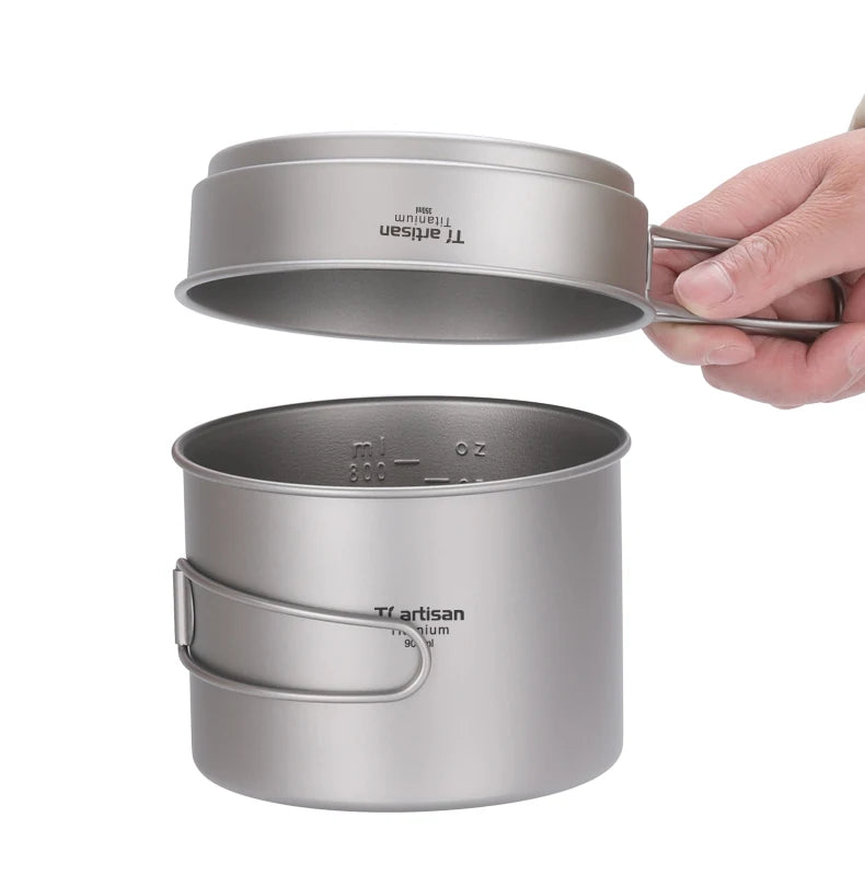 Tiartisan Titanium Folding Handle Camping Pot Frying Pan Set  Lightweight Portable Cookware Equipment For Outdoor Hiking Picnic