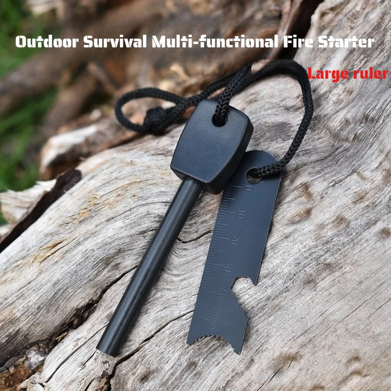Outdoor Survival Flint Fire Starter with Wood Handle, Multi-Tool Magnesium Rod - Luminous Waterproof Camping Fire Stick