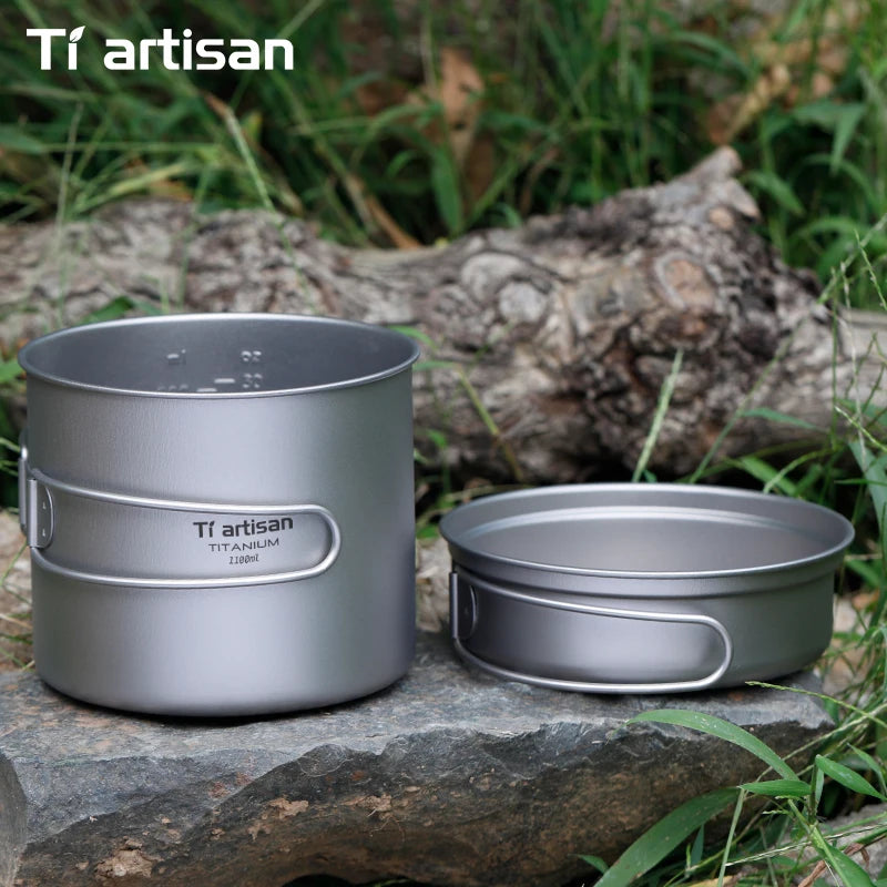 Tiartisan Titanium Folding Handle Camping Pot Frying Pan Set  Lightweight Portable Cookware Equipment For Outdoor Hiking Picnic