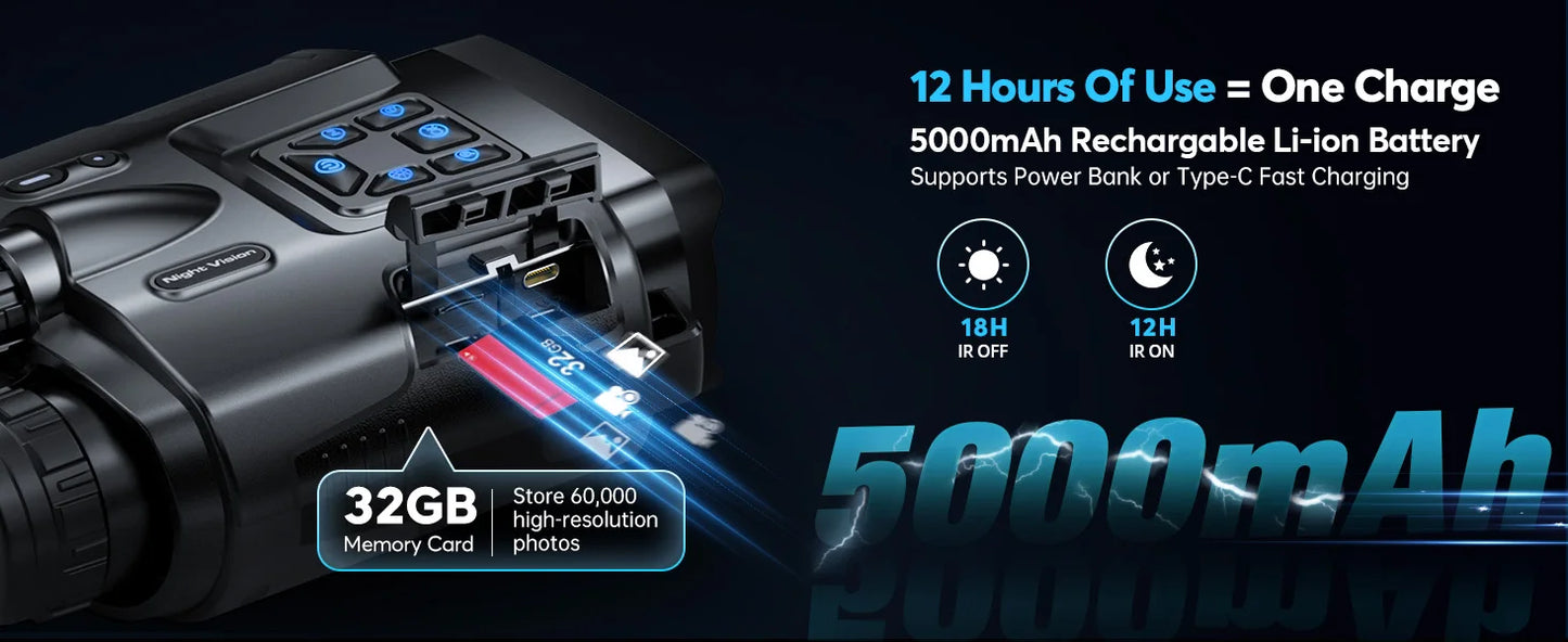 4K Night Vision Binoculars 32GB Infrared Night Vision Goggles 3” Large Screen 8X Digital Zoom Tactical Light for Camping Hunting