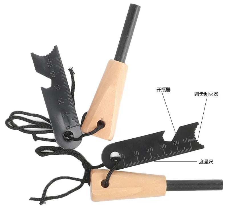 Outdoor Survival Flint Fire Starter with Wood Handle, Multi-Tool Magnesium Rod - Luminous Waterproof Camping Fire Stick