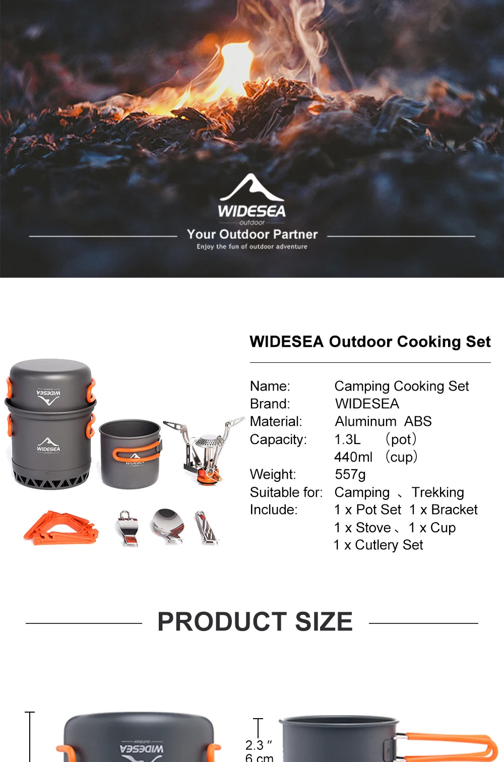 Widesea Portable Camping Cookware Set Aluminum  1.3L Pot 440ML Cup Stove Cutlery Set Bracket for Outdoor Cooking Hiking Backpack