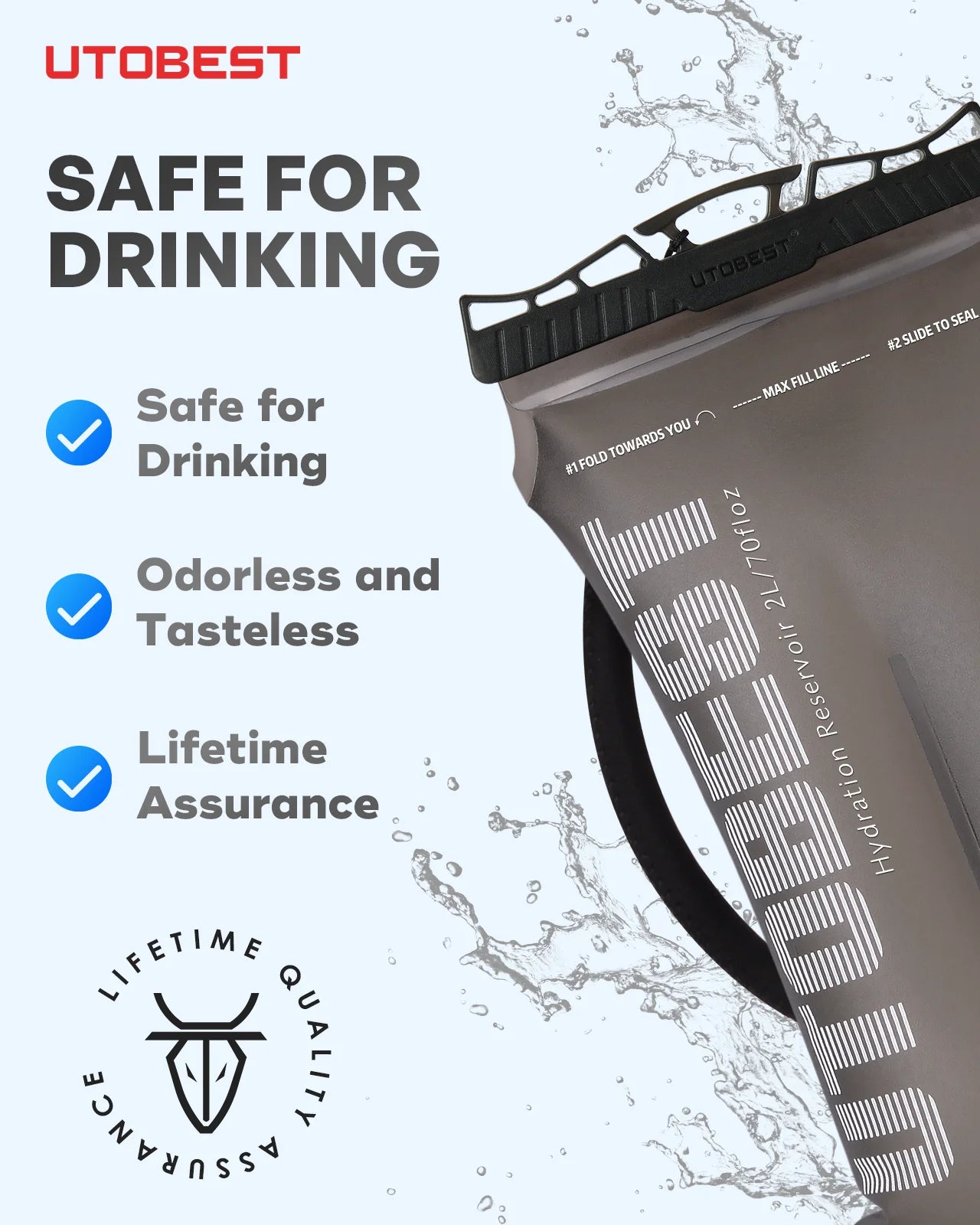 UTOBEST 1.5L/2L/3L Water Bladder Hydration Pack Reservoir TPU Water Storage Bag for Camping Cycling Running Hiking