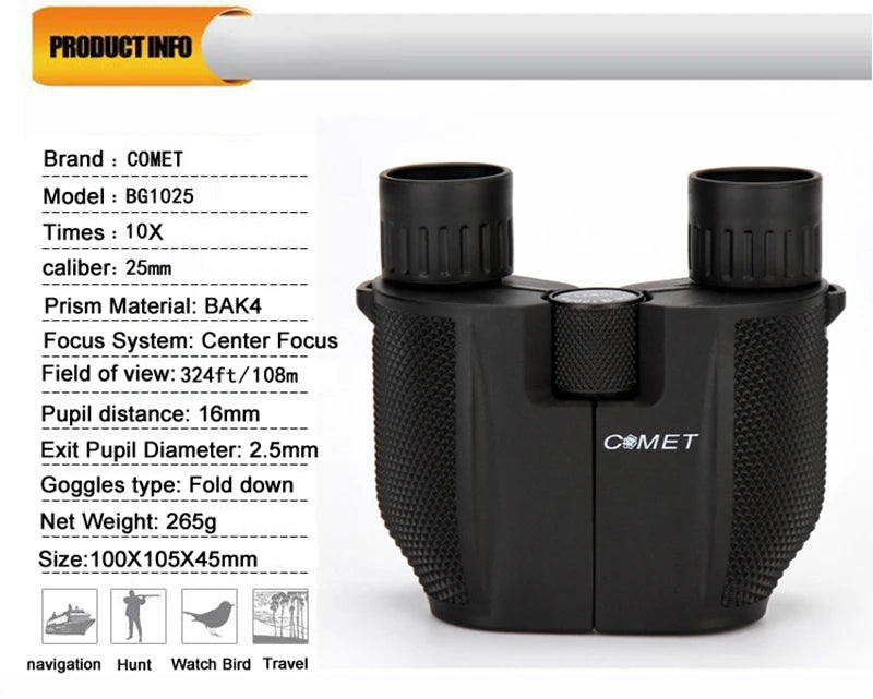 COMET Binoculars 10X25 Long Range Pocket HD Telescope Folding Compact Bak4 Prism Binocular Optical Scope FMC Lens For Hunting