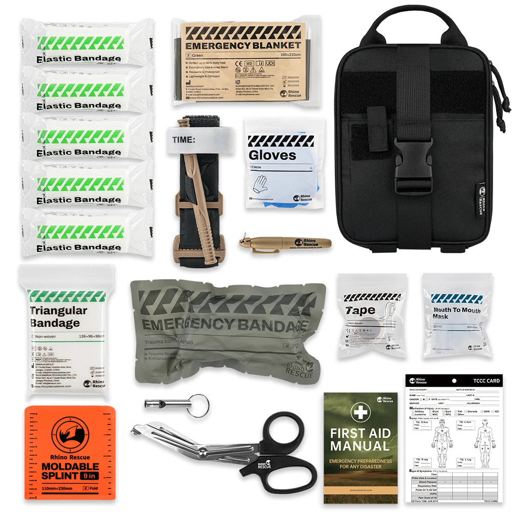 Rhino First Aid Survival Kit IFAK Pouch Supplied Camping Kit with 20 EMT Items For Emergency Outdoors