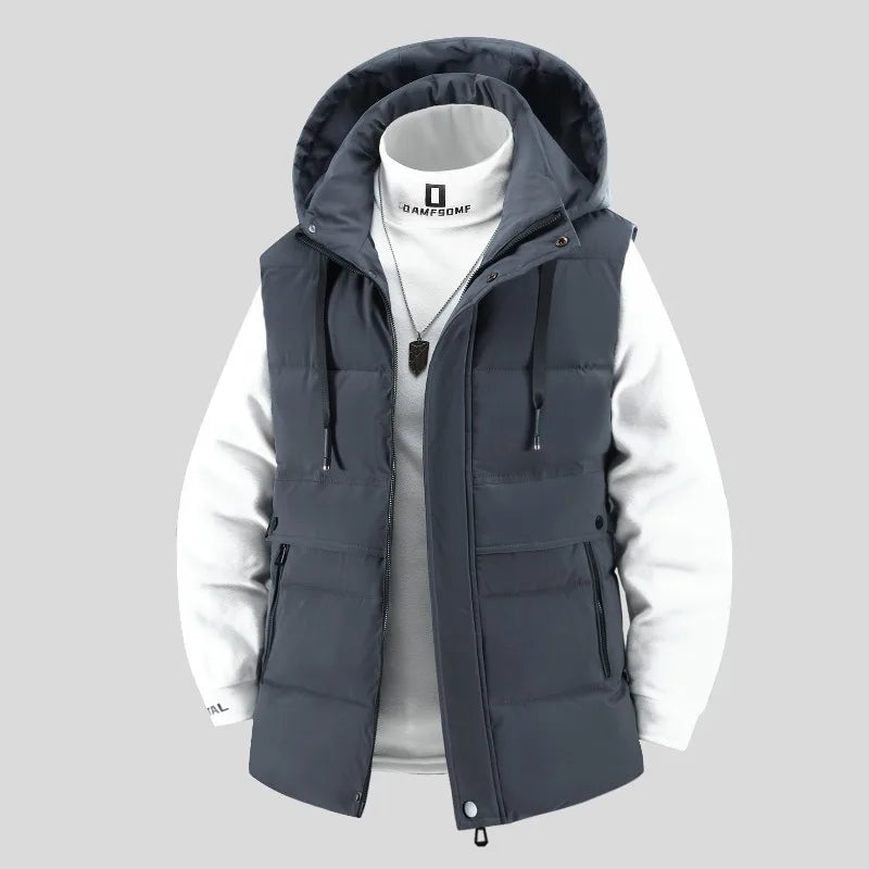 Outdoor Mens Trendy Detachable Hooded Vest Warm Down Cotton Vest Mens Winter Fashion Coat Workwear Vest Coat Thickened Waistcoat