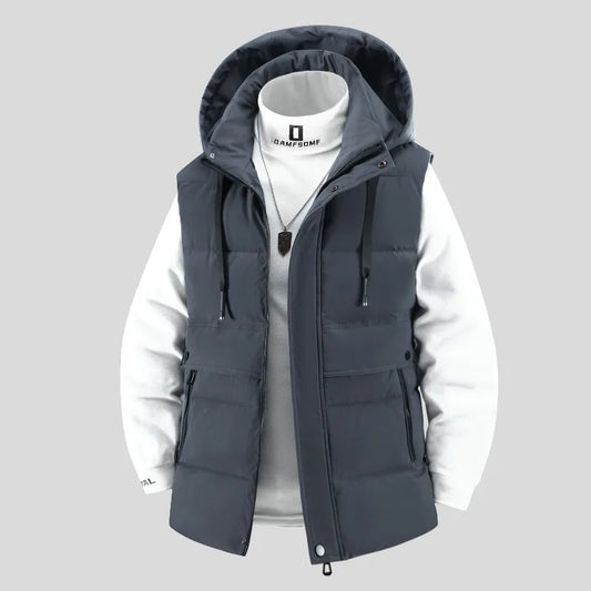 Outdoor Mens Trendy Detachable Hooded Vest Warm Down Cotton Vest Mens Winter Fashion Coat Workwear Vest Coat Thickened Waistcoat