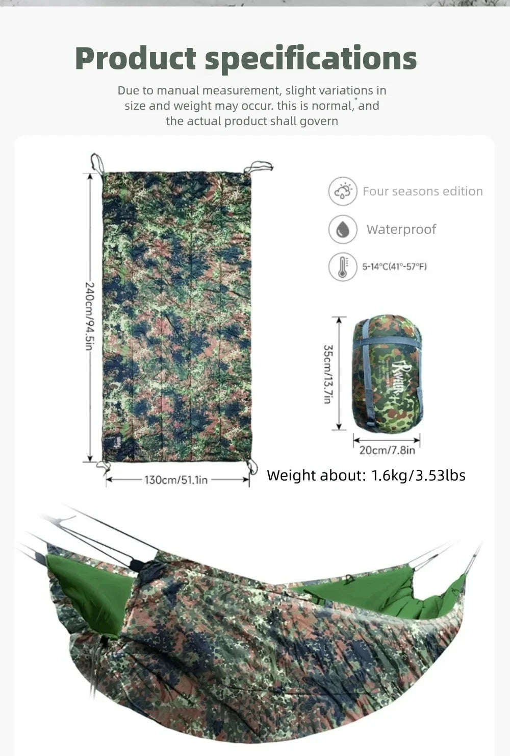 Multifunctional Portable Winter Warm Sleeping Bag Hammock Outdoor Camping Cotton Underquilt Windproof Warm Hammocks Cover