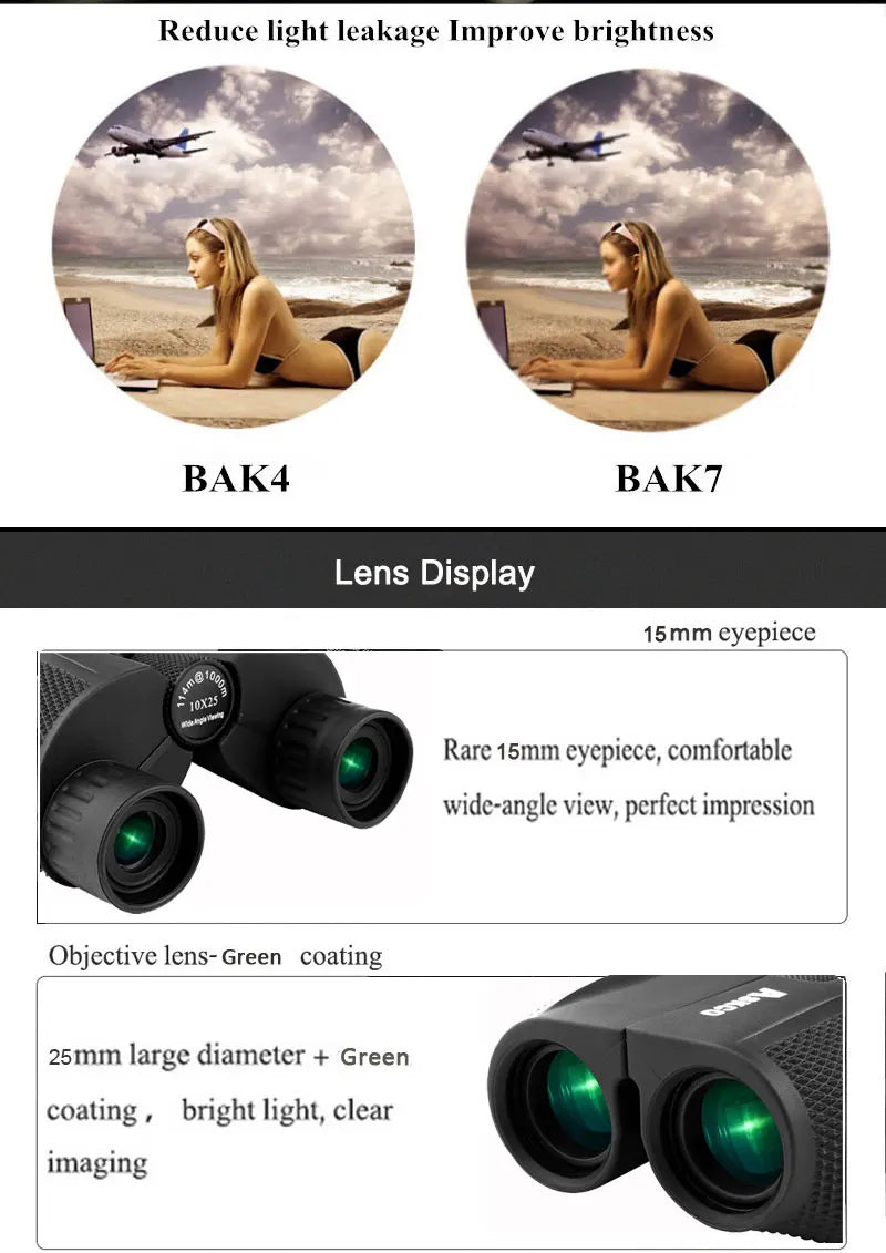 COMET Binoculars 10X25 Long Range Pocket HD Telescope Folding Compact Bak4 Prism Binocular Optical Scope FMC Lens For Hunting