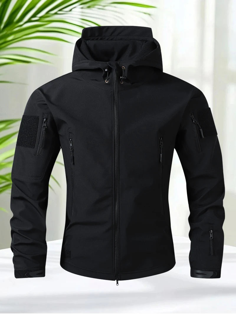 Waterproof Jacket Men Outdoor Softshell Hiking Jacket Hunting Coat Multi-Pockets Military Hooded Fleece Lined Rain Resistent