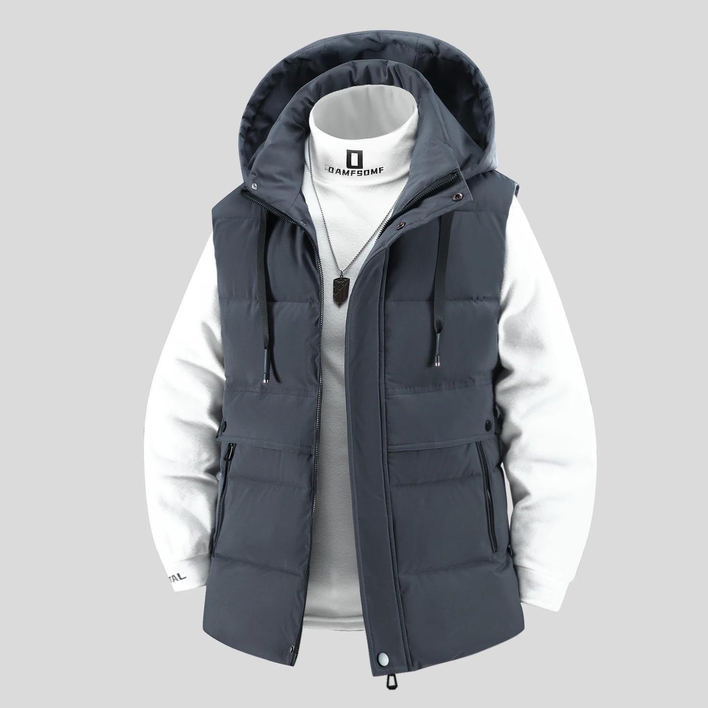 Outdoor Mens Trendy Detachable Hooded Vest Warm Down Cotton Vest Mens Winter Fashion Coat Workwear Vest Coat Thickened Waistcoat