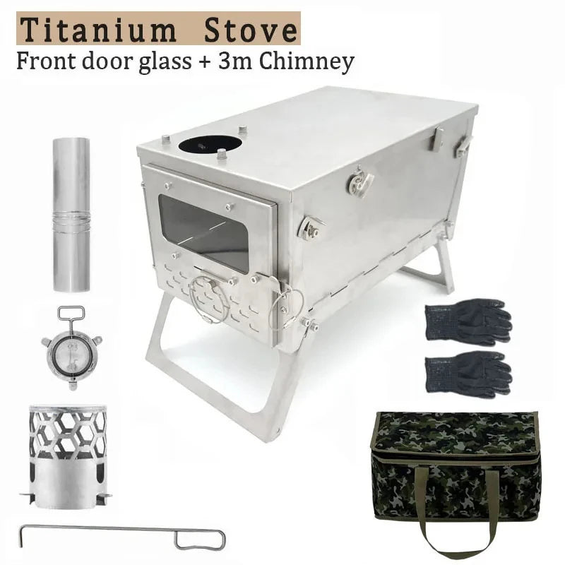 Tryhomy 1mm Titanium Wood Stove Folding Ultralight Camping Stove Brazier Portable Tent Fire Wood Heater Burner with Accessories