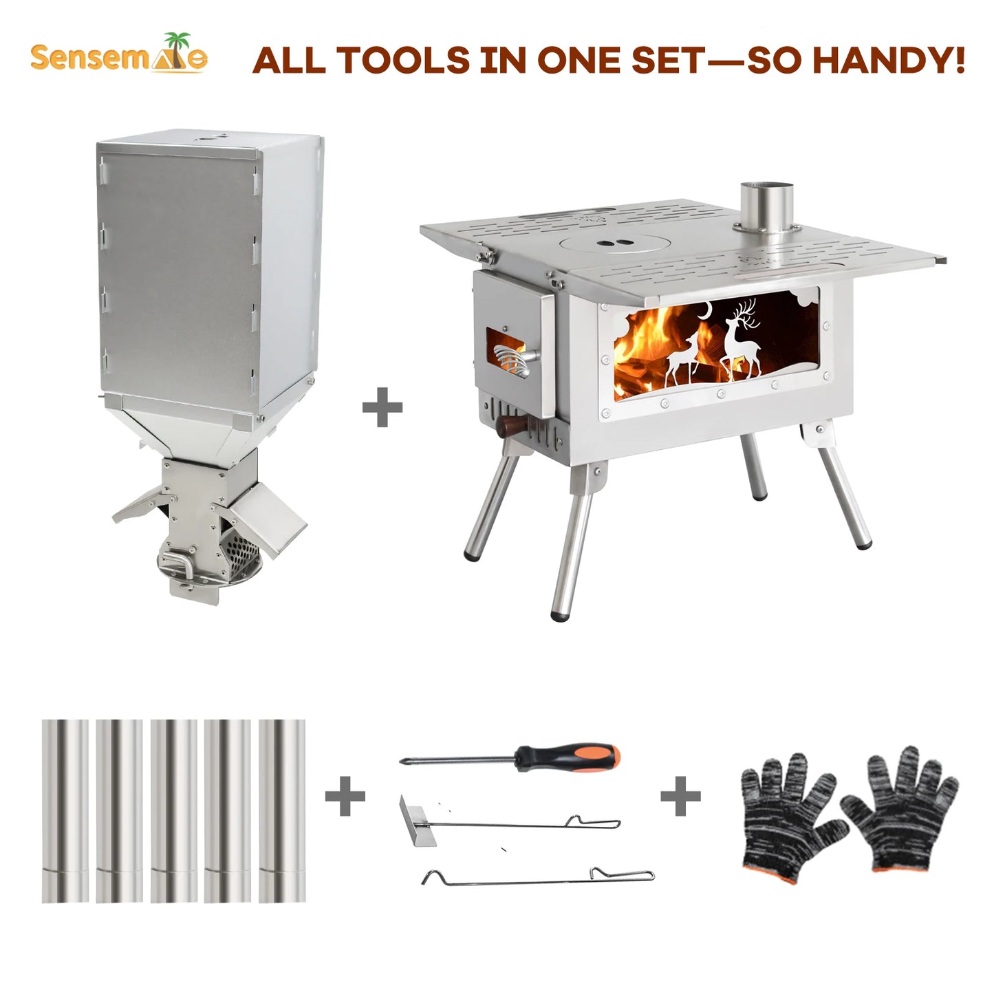 Wood Stove Camping Portable Fire Wood Heater Folding Tent Stove with Pellet Burner Stainless Chimney Outdoor Cooking Heating