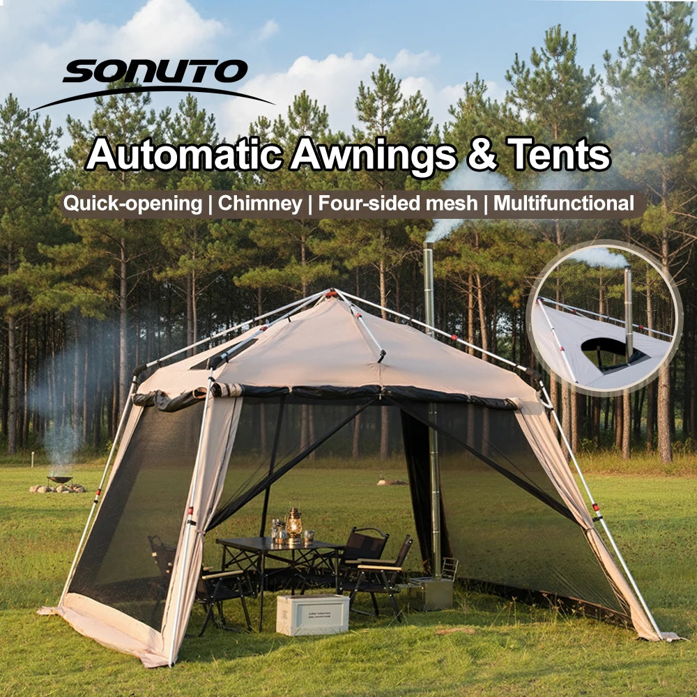 Outdoor Camping Tent with Chimney Large Family 5-9 Person Waterproof Sun Protection with Aluminum Poles Beach Hiking Fishing