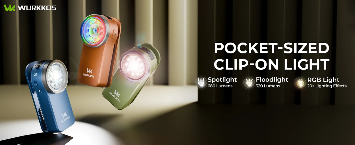 Wurkkos HD03 680LM Mini Clip Light USB C Rechargeable Pocket Flashlight Spotlight/Floodlight Portable EDC RGB Torch with Magnet