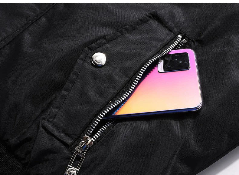 Winter Men's Black Padded Jacket Removable Hood Durable Windproof Fabric Embroidery Decorative Side Pockets Sleeve Zipper