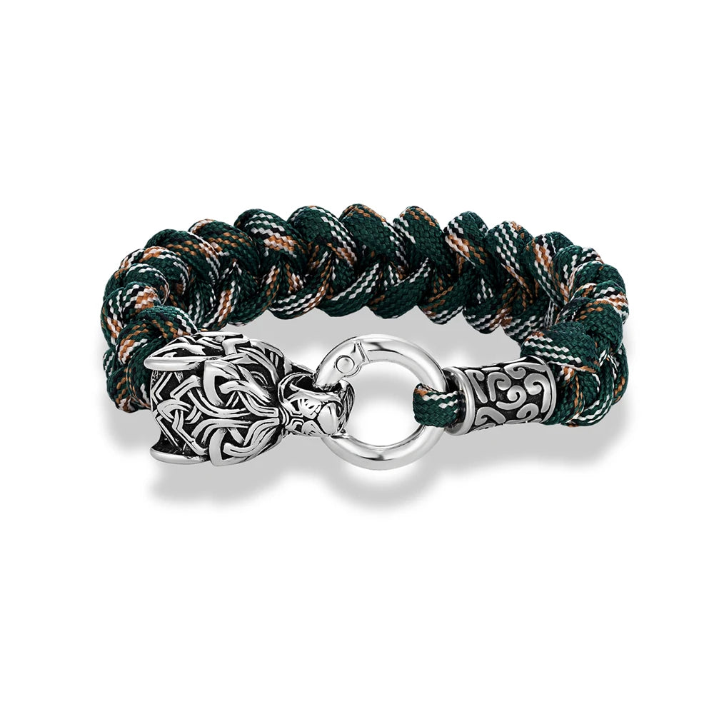 Punk Viking Wolf Head Metal Bangle Stainless Steel Norse Celtic Wolf Braided Paracord Rope Survival Bracelet Men Outdoor Jewelry