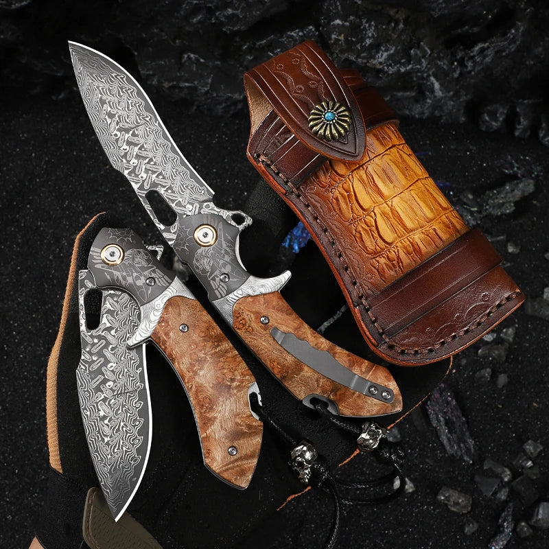 Handmade Damascus Steel Folding Pocket Knife, Men's EDC Pocket Knife with Sheath, Camping Hunting Outdoor Survival Knife