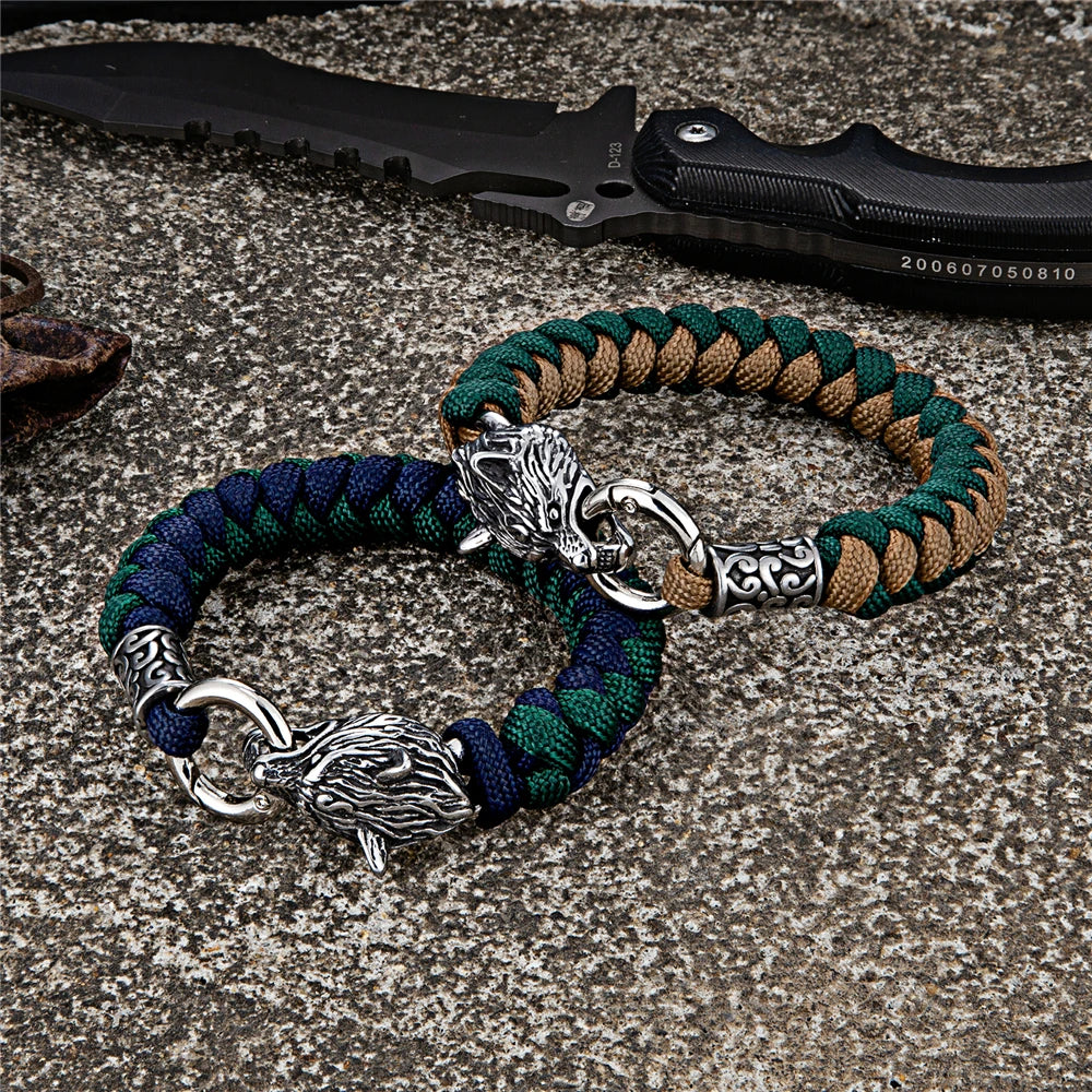 Retro Norse Odin's Wolf Survival Bracelets Men Viking Geri&Freki Stainless Steel Paracord Rope Bangles Handmade Outdoor Jewelry