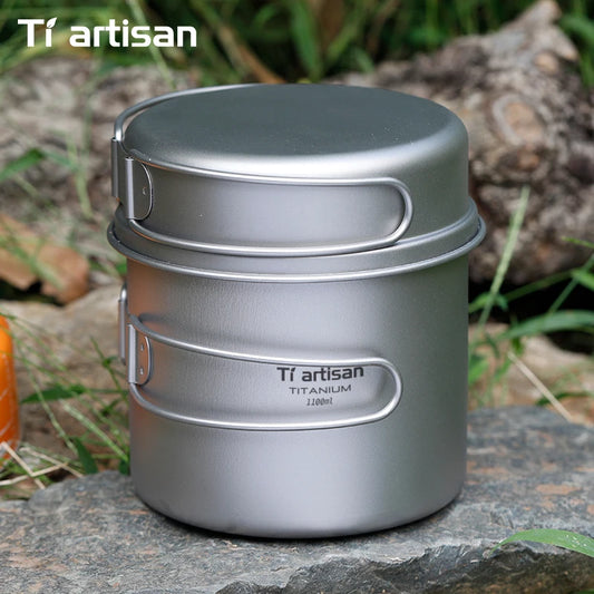 Tiartisan Titanium Folding Handle Camping Pot Frying Pan Set  Lightweight Portable Cookware Equipment For Outdoor Hiking Picnic