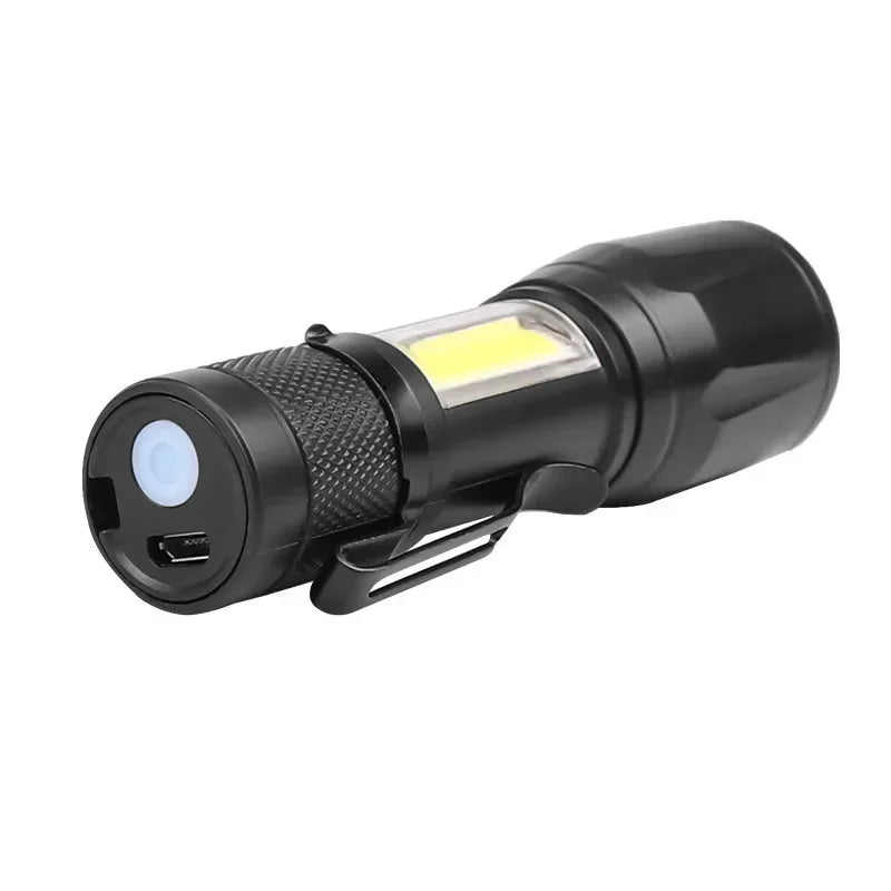 Portable Rechargeable LED Flashlight with Pen Clip Zoomable Waterproof Torch with Side Light Outdoor Camping Emergency Lantern