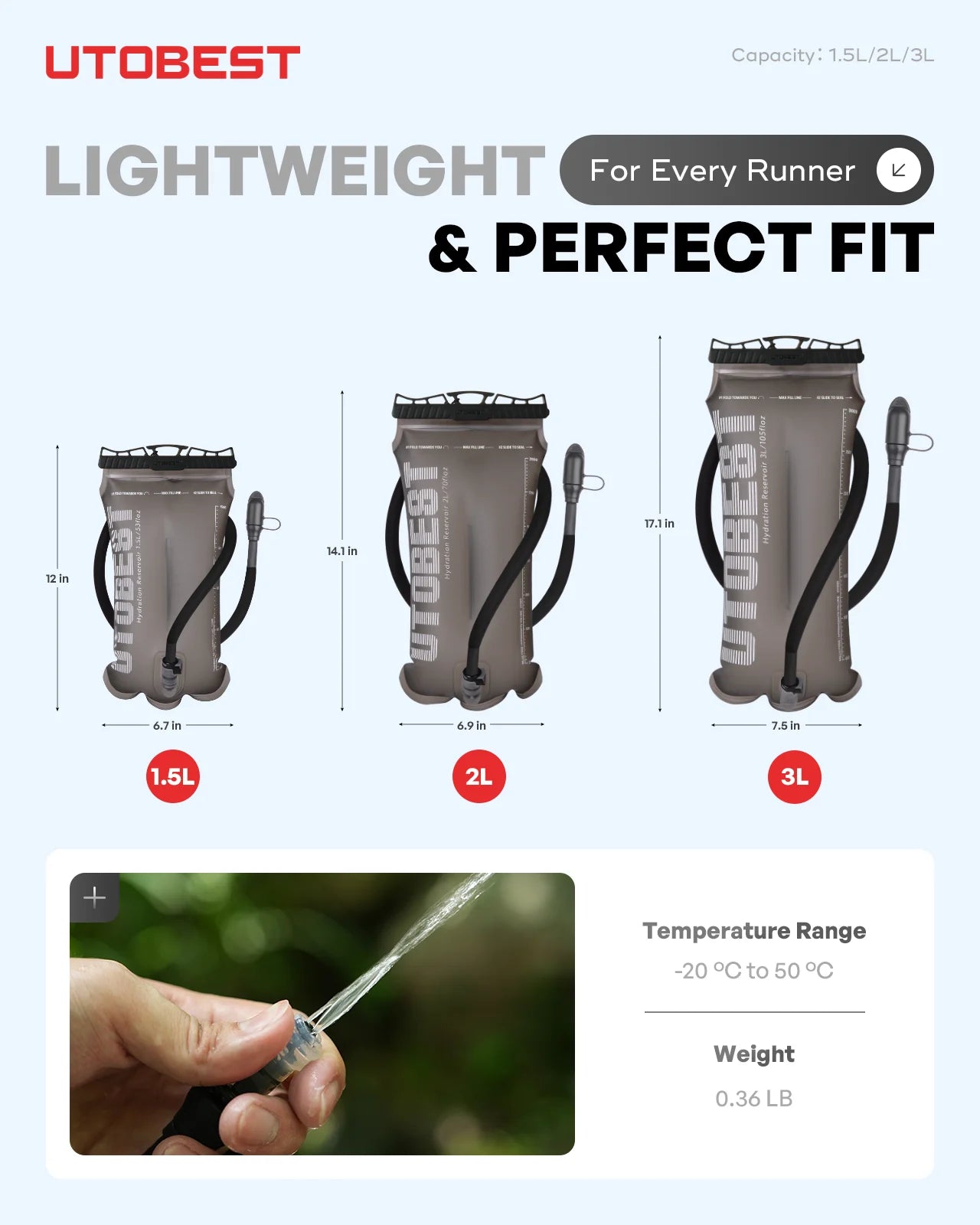 UTOBEST 1.5L/2L/3L Water Bladder Hydration Pack Reservoir TPU Water Storage Bag for Camping Cycling Running Hiking