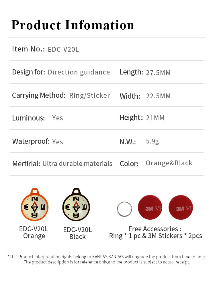 KanPas EDC Micro Floating Compass Ball /Luminous Compass Ball for outdoor&bike/ Waterproof, Lightweight Compss Ball/EDC-V20L