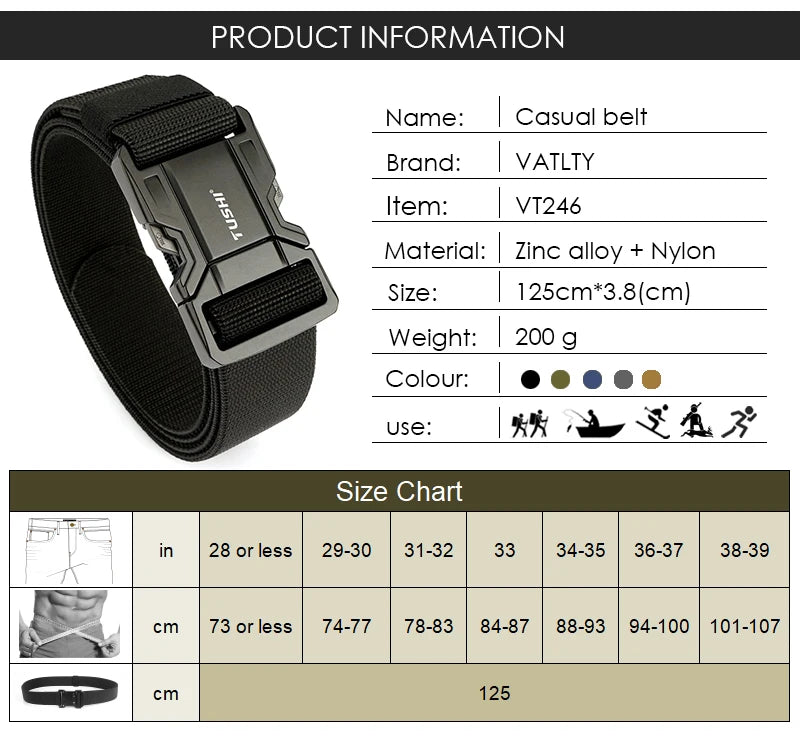 VATLTY New Elastic Casual Belt for Men Quick Release Metal Buckle Tactical Outdoor Girdle Adjustable Blue Hiking Belt Male