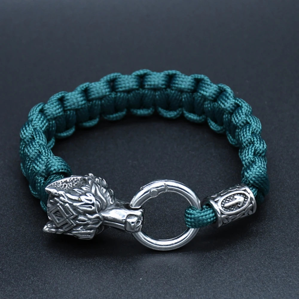 Stainless Steel Wolf Heads Bracelets Men Norse Vikings Runic Beads Survival Paracord Rope Bangles