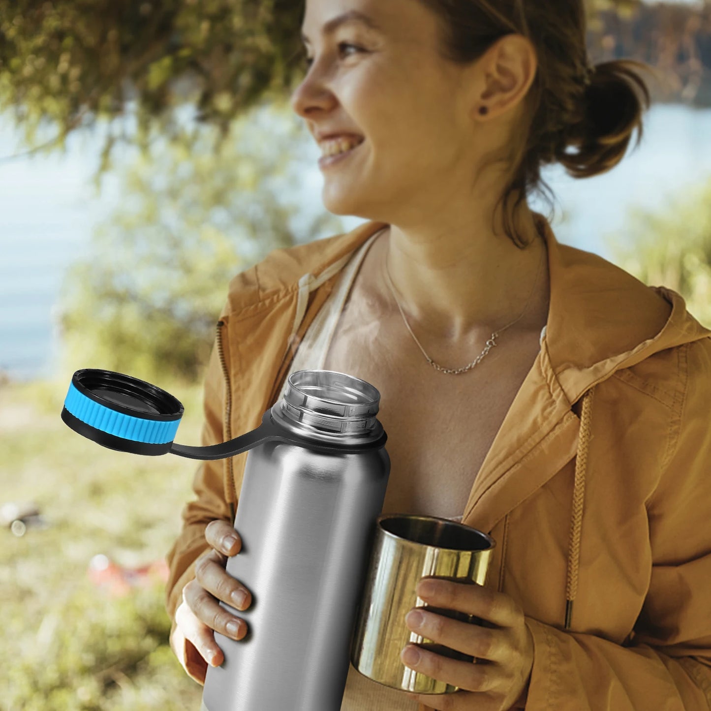 1000ml Stainless Steel Vacuum Insulated Water Bottle with 700ml Water Cup Hanging Pot for Survival Camping Hiking Backpacking